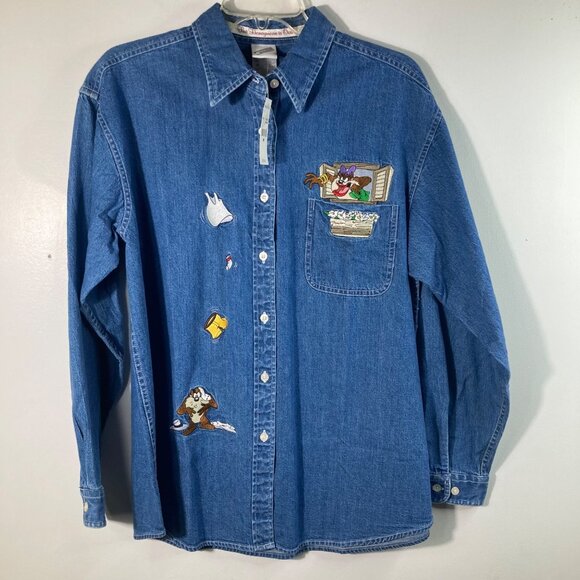 Womens Warner Brothers TAZ Denim Shirt M The Honeymoon Is Over NWT - Picture 1 of 10